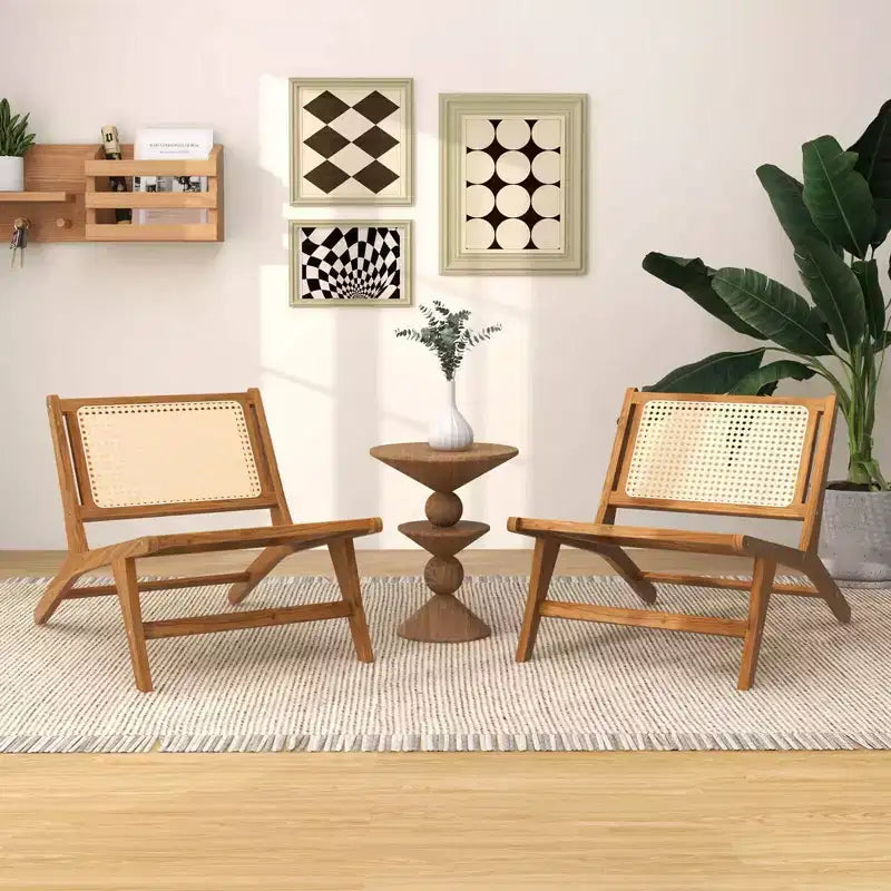 Costway Lot de 1 ou 2 chaises en bois de teck style Mid-Century avec assise et dossier en rotin tissé à la main