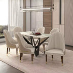 Chaise de salle à manger à dossier haut LeisureMod Elara, revêtement en cuir avec motif ondulé, cadre en bois d'hévéa et accents dorés pour salle à manger