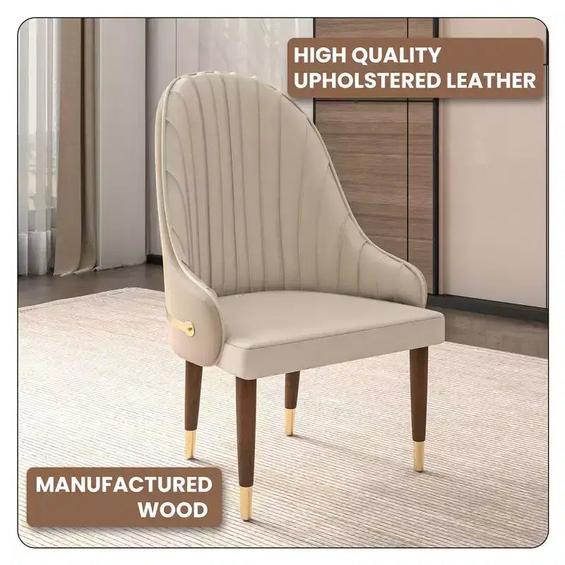 Chaise de salle à manger à dossier haut LeisureMod Elara, revêtement en cuir avec motif ondulé, cadre en bois d'hévéa et accents dorés pour salle à manger