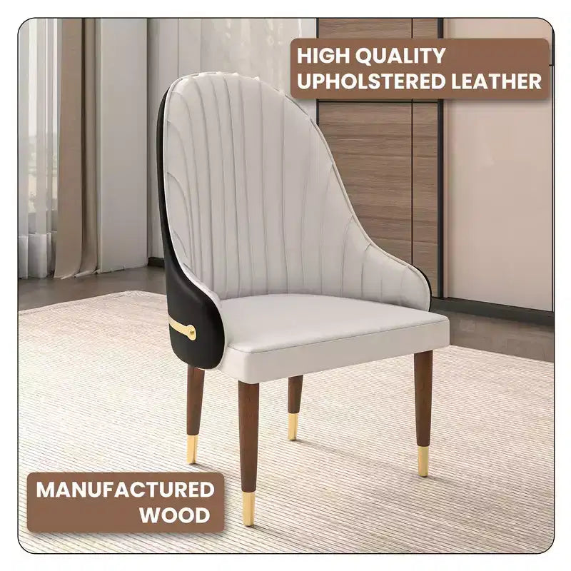 Chaise de salle à manger à dossier haut LeisureMod Elara, revêtement en cuir avec motif ondulé, cadre en bois d'hévéa et accents dorés pour salle à manger