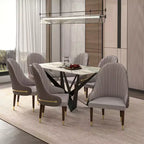 Chaise de salle à manger à dossier haut LeisureMod Elara, revêtement en cuir avec motif ondulé, cadre en bois d'hévéa et accents dorés pour salle à manger
