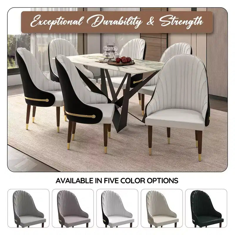 Chaise de salle à manger à dossier haut LeisureMod Elara, revêtement en cuir avec motif ondulé, cadre en bois d'hévéa et accents dorés pour salle à manger