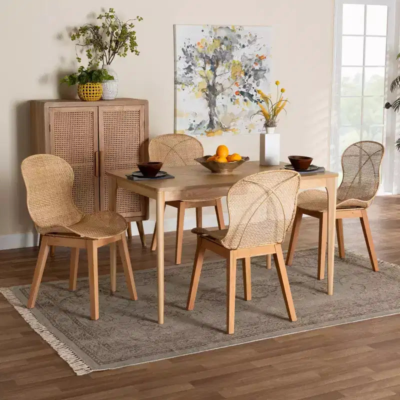 Ensemble de salle à manger 5 pièces Baxton Studio Sabelle en bois et rotin de style Japandi