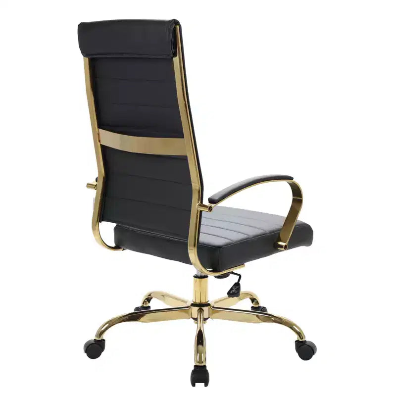 Chaise de bureau LeisureMod Benmar en cuir nervuré à dossier haut - Chaise de bureau exécutive moderne pivotante et inclinable - Base dorée