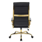 Chaise de bureau LeisureMod Benmar en cuir nervuré à dossier haut - Chaise de bureau exécutive moderne pivotante et inclinable - Base dorée