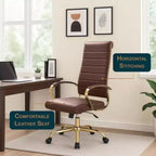 Chaise de bureau LeisureMod Benmar en cuir nervuré à dossier haut - Chaise de bureau exécutive moderne pivotante et inclinable - Base dorée