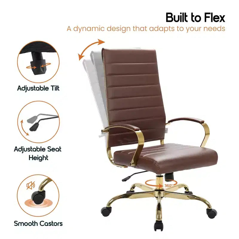 Chaise de bureau LeisureMod Benmar en cuir nervuré à dossier haut - Chaise de bureau exécutive moderne pivotante et inclinable - Base dorée