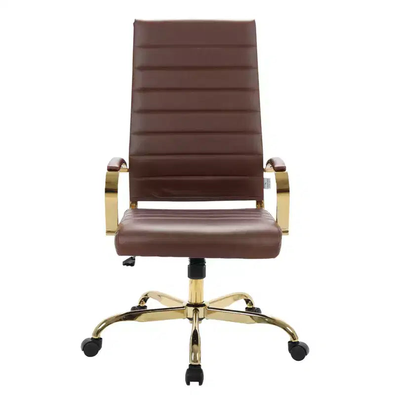 Chaise de bureau LeisureMod Benmar en cuir nervuré à dossier haut - Chaise de bureau exécutive moderne pivotante et inclinable - Base dorée