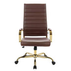 Chaise de bureau LeisureMod Benmar en cuir nervuré à dossier haut - Chaise de bureau exécutive moderne pivotante et inclinable - Base dorée