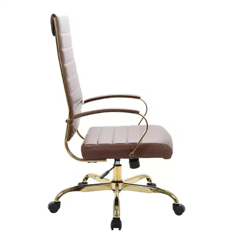 Chaise de bureau LeisureMod Benmar en cuir nervuré à dossier haut - Chaise de bureau exécutive moderne pivotante et inclinable - Base dorée