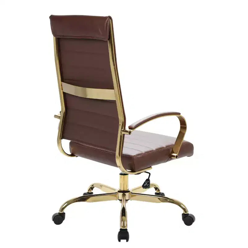 Chaise de bureau LeisureMod Benmar en cuir nervuré à dossier haut - Chaise de bureau exécutive moderne pivotante et inclinable - Base dorée