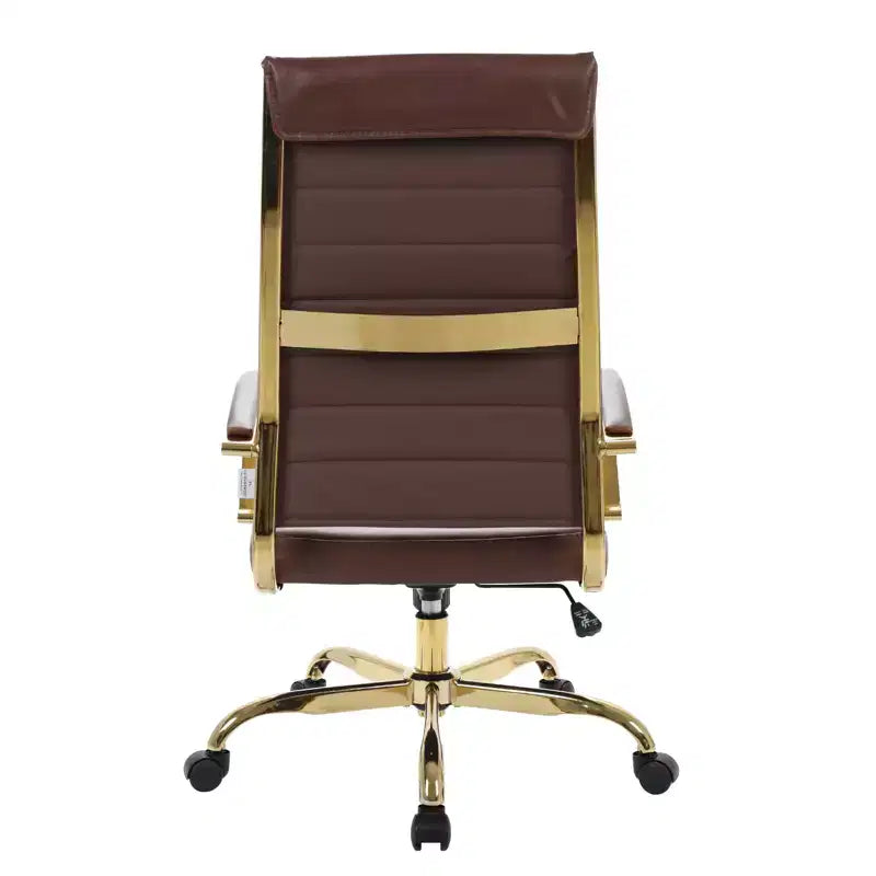 Chaise de bureau LeisureMod Benmar en cuir nervuré à dossier haut - Chaise de bureau exécutive moderne pivotante et inclinable - Base dorée