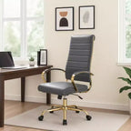 Chaise de bureau LeisureMod Benmar en cuir nervuré à dossier haut - Chaise de bureau exécutive moderne pivotante et inclinable - Base dorée