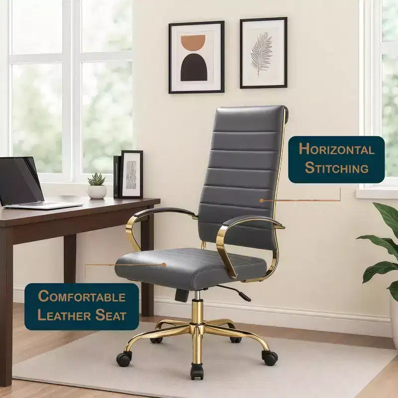Chaise de bureau LeisureMod Benmar en cuir nervuré à dossier haut - Chaise de bureau exécutive moderne pivotante et inclinable - Base dorée