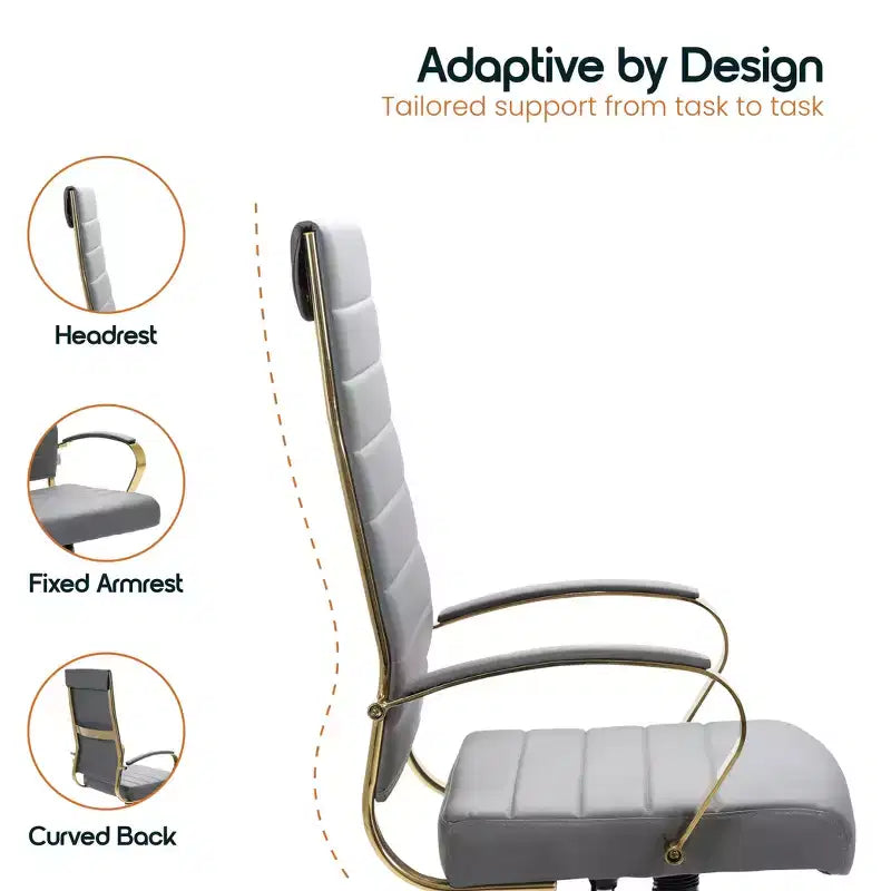 Chaise de bureau LeisureMod Benmar en cuir nervuré à dossier haut - Chaise de bureau exécutive moderne pivotante et inclinable - Base dorée