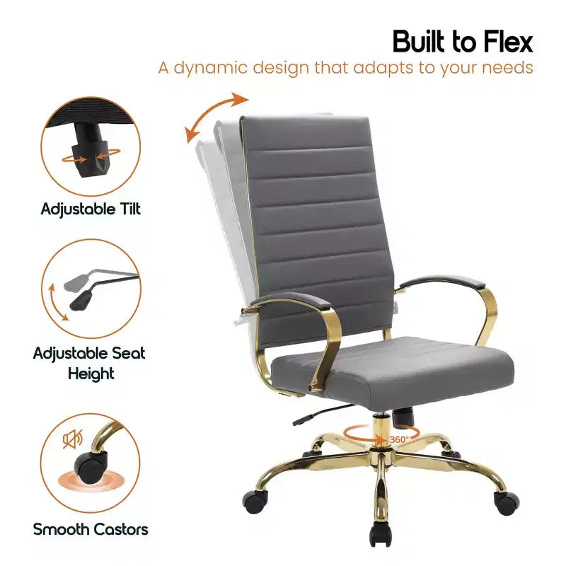 Chaise de bureau LeisureMod Benmar en cuir nervuré à dossier haut - Chaise de bureau exécutive moderne pivotante et inclinable - Base dorée