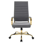 Chaise de bureau LeisureMod Benmar en cuir nervuré à dossier haut - Chaise de bureau exécutive moderne pivotante et inclinable - Base dorée