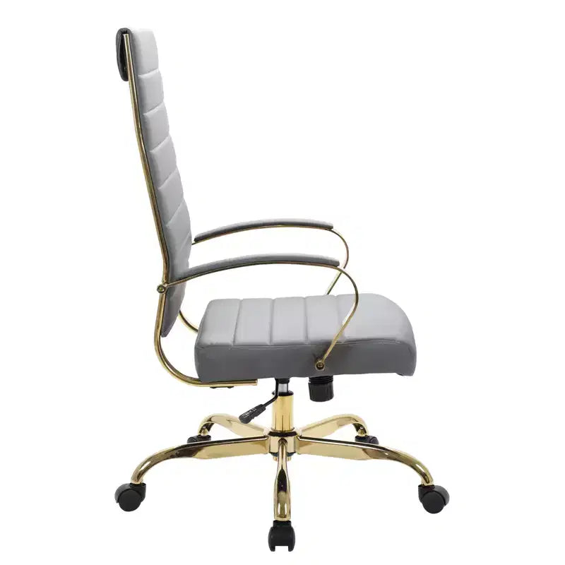 Chaise de bureau LeisureMod Benmar en cuir nervuré à dossier haut - Chaise de bureau exécutive moderne pivotante et inclinable - Base dorée