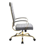Chaise de bureau LeisureMod Benmar en cuir nervuré à dossier haut - Chaise de bureau exécutive moderne pivotante et inclinable - Base dorée