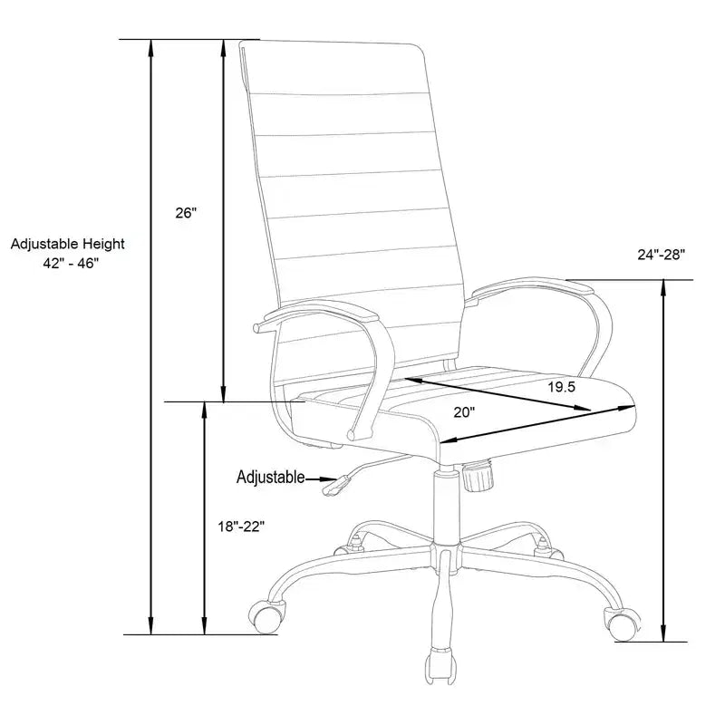 Chaise de bureau LeisureMod Benmar en cuir nervuré à dossier haut - Chaise de bureau exécutive moderne pivotante et inclinable - Base dorée