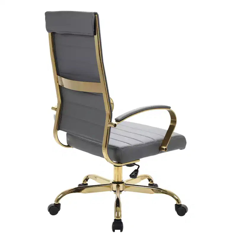Chaise de bureau LeisureMod Benmar en cuir nervuré à dossier haut - Chaise de bureau exécutive moderne pivotante et inclinable - Base dorée