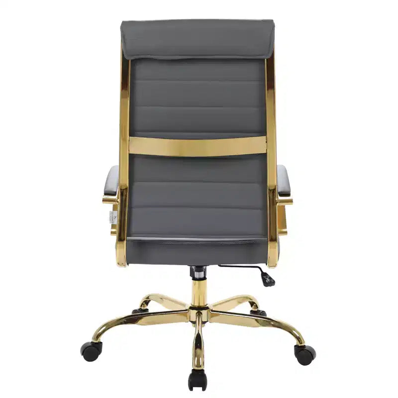 Chaise de bureau LeisureMod Benmar en cuir nervuré à dossier haut - Chaise de bureau exécutive moderne pivotante et inclinable - Base dorée