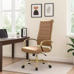Chaise de bureau LeisureMod Benmar en cuir nervuré à dossier haut - Chaise de bureau exécutive moderne pivotante et inclinable - Base dorée