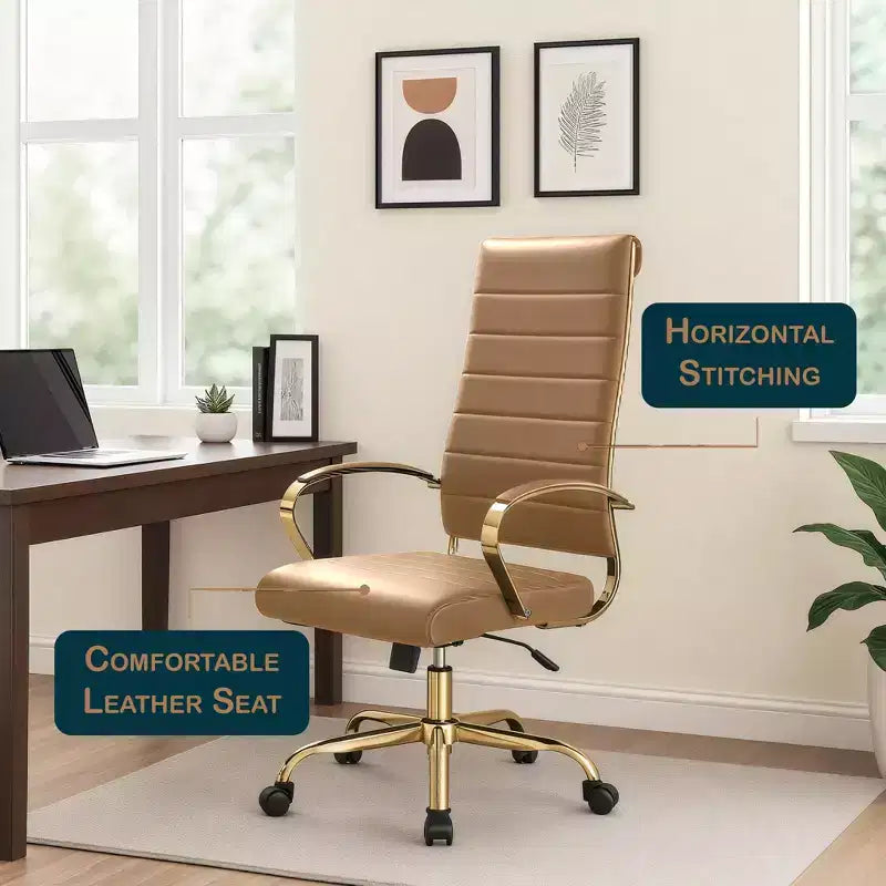 Chaise de bureau LeisureMod Benmar en cuir nervuré à dossier haut - Chaise de bureau exécutive moderne pivotante et inclinable - Base dorée