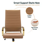 Chaise de bureau LeisureMod Benmar en cuir nervuré à dossier haut - Chaise de bureau exécutive moderne pivotante et inclinable - Base dorée