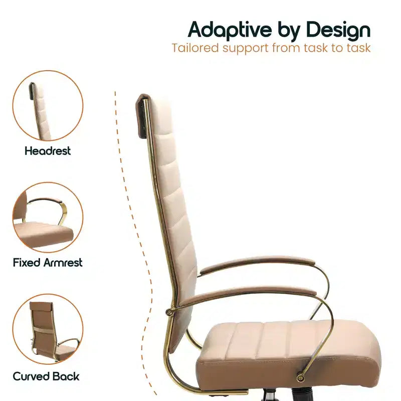 Chaise de bureau LeisureMod Benmar en cuir nervuré à dossier haut - Chaise de bureau exécutive moderne pivotante et inclinable - Base dorée