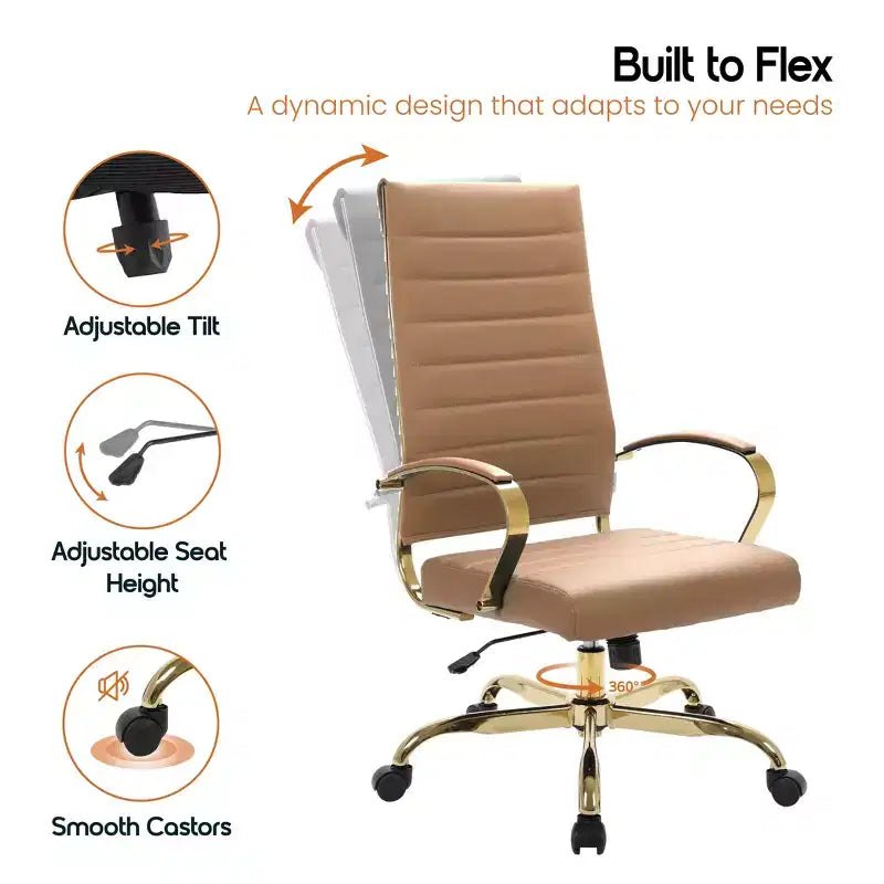 Chaise de bureau LeisureMod Benmar en cuir nervuré à dossier haut - Chaise de bureau exécutive moderne pivotante et inclinable - Base dorée