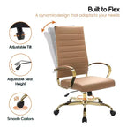 Chaise de bureau LeisureMod Benmar en cuir nervuré à dossier haut - Chaise de bureau exécutive moderne pivotante et inclinable - Base dorée