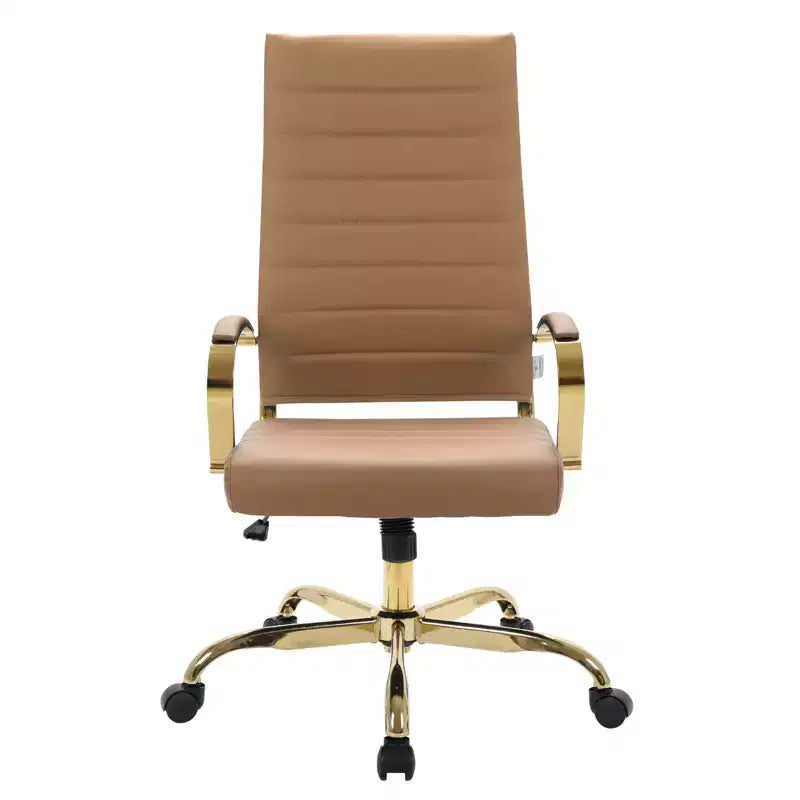 Chaise de bureau LeisureMod Benmar en cuir nervuré à dossier haut - Chaise de bureau exécutive moderne pivotante et inclinable - Base dorée