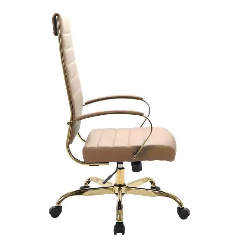 Chaise de bureau LeisureMod Benmar en cuir nervuré à dossier haut - Chaise de bureau exécutive moderne pivotante et inclinable - Base dorée
