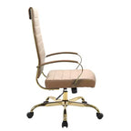 Chaise de bureau LeisureMod Benmar en cuir nervuré à dossier haut - Chaise de bureau exécutive moderne pivotante et inclinable - Base dorée
