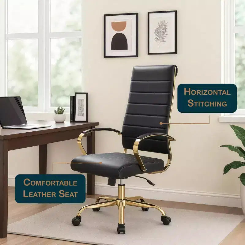 Chaise de bureau LeisureMod Benmar en cuir nervuré à dossier haut - Chaise de bureau exécutive moderne pivotante et inclinable - Base dorée