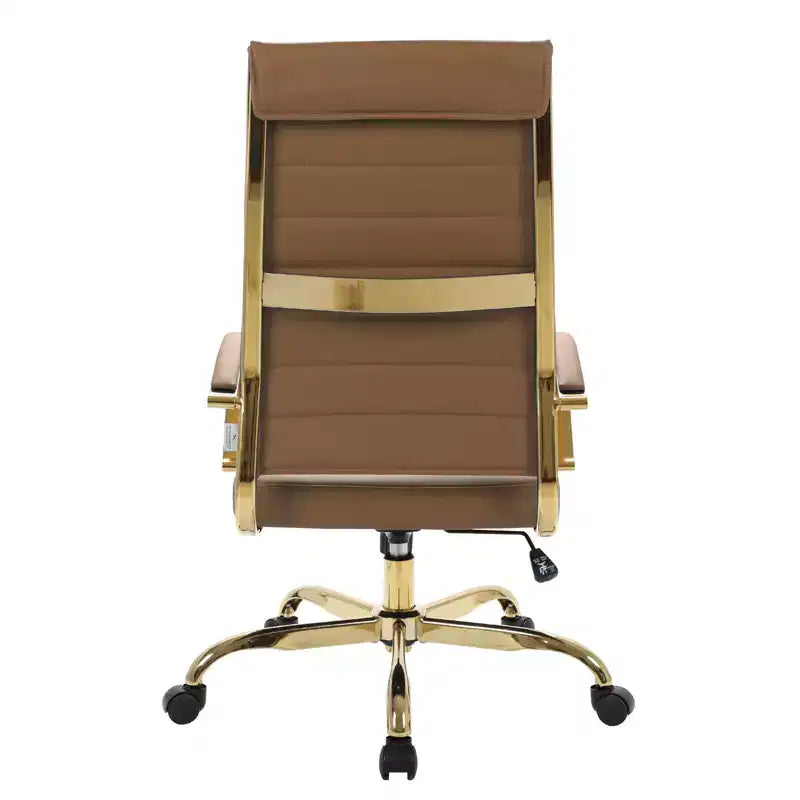 Chaise de bureau LeisureMod Benmar en cuir nervuré à dossier haut - Chaise de bureau exécutive moderne pivotante et inclinable - Base dorée