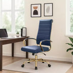 Chaise de bureau LeisureMod Benmar en cuir nervuré à dossier haut - Chaise de bureau exécutive moderne pivotante et inclinable - Base dorée