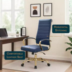 Chaise de bureau LeisureMod Benmar en cuir nervuré à dossier haut - Chaise de bureau exécutive moderne pivotante et inclinable - Base dorée