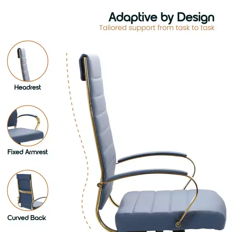 Chaise de bureau LeisureMod Benmar en cuir nervuré à dossier haut - Chaise de bureau exécutive moderne pivotante et inclinable - Base dorée