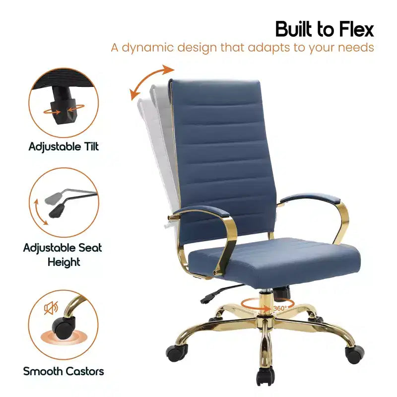 Chaise de bureau LeisureMod Benmar en cuir nervuré à dossier haut - Chaise de bureau exécutive moderne pivotante et inclinable - Base dorée