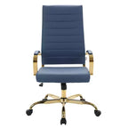 Chaise de bureau LeisureMod Benmar en cuir nervuré à dossier haut - Chaise de bureau exécutive moderne pivotante et inclinable - Base dorée