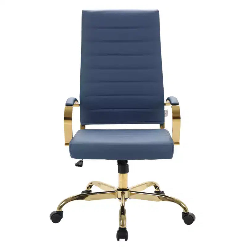 Chaise de bureau LeisureMod Benmar en cuir nervuré à dossier haut - Chaise de bureau exécutive moderne pivotante et inclinable - Base dorée