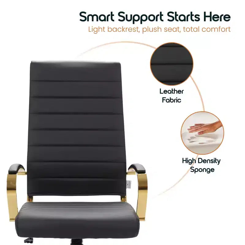 Chaise de bureau LeisureMod Benmar en cuir nervuré à dossier haut - Chaise de bureau exécutive moderne pivotante et inclinable - Base dorée