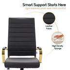 Chaise de bureau LeisureMod Benmar en cuir nervuré à dossier haut - Chaise de bureau exécutive moderne pivotante et inclinable - Base dorée