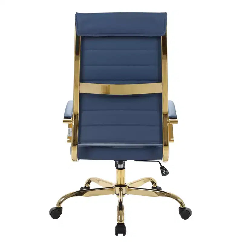 Chaise de bureau LeisureMod Benmar en cuir nervuré à dossier haut - Chaise de bureau exécutive moderne pivotante et inclinable - Base dorée