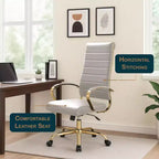 Chaise de bureau LeisureMod Benmar en cuir nervuré à dossier haut - Chaise de bureau exécutive moderne pivotante et inclinable - Base dorée