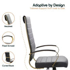 Chaise de bureau LeisureMod Benmar en cuir nervuré à dossier haut - Chaise de bureau exécutive moderne pivotante et inclinable - Base dorée