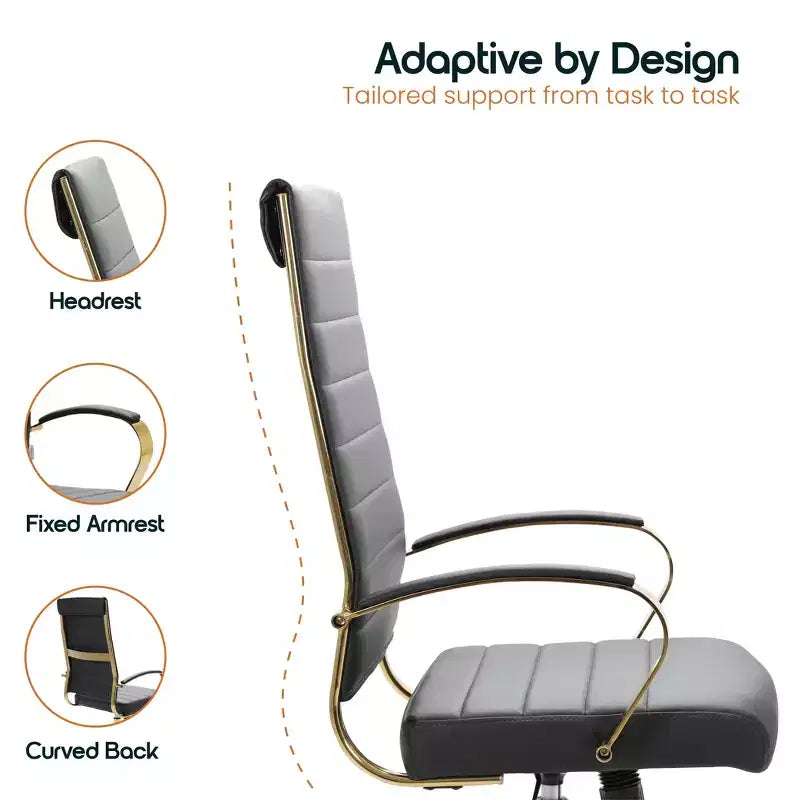 Chaise de bureau LeisureMod Benmar en cuir nervuré à dossier haut - Chaise de bureau exécutive moderne pivotante et inclinable - Base dorée