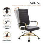 Chaise de bureau LeisureMod Benmar en cuir nervuré à dossier haut - Chaise de bureau exécutive moderne pivotante et inclinable - Base dorée